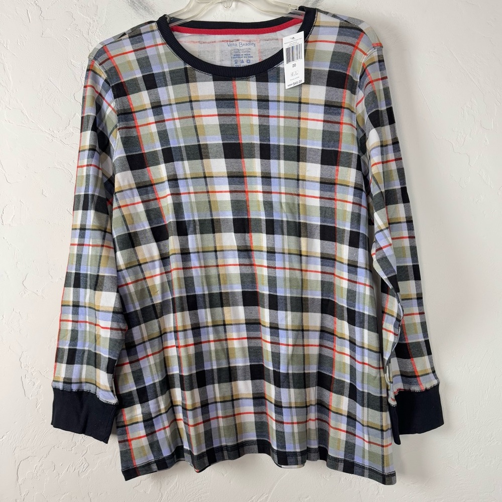 Vera Bradley Shirt Knit Top Tee Sleep Pajama PJ Perfectly‎ Plaid Print Black Red